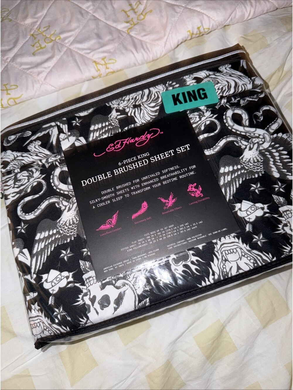 Ed Hardy New King 6 Pc Sheet Set Halloween Skulls Snakes Black White